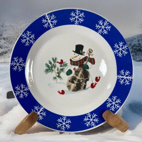 Studio 33 Snowman Playing Cello Snowflake Blue Christmas Dinner Display Plate - Picture 1 of 11